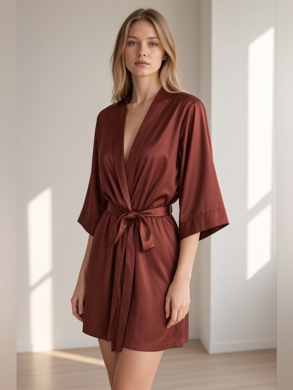 Satin Wrap Robe in Deep Brown - Women's Short Kimono With Tie Misses Size S/M